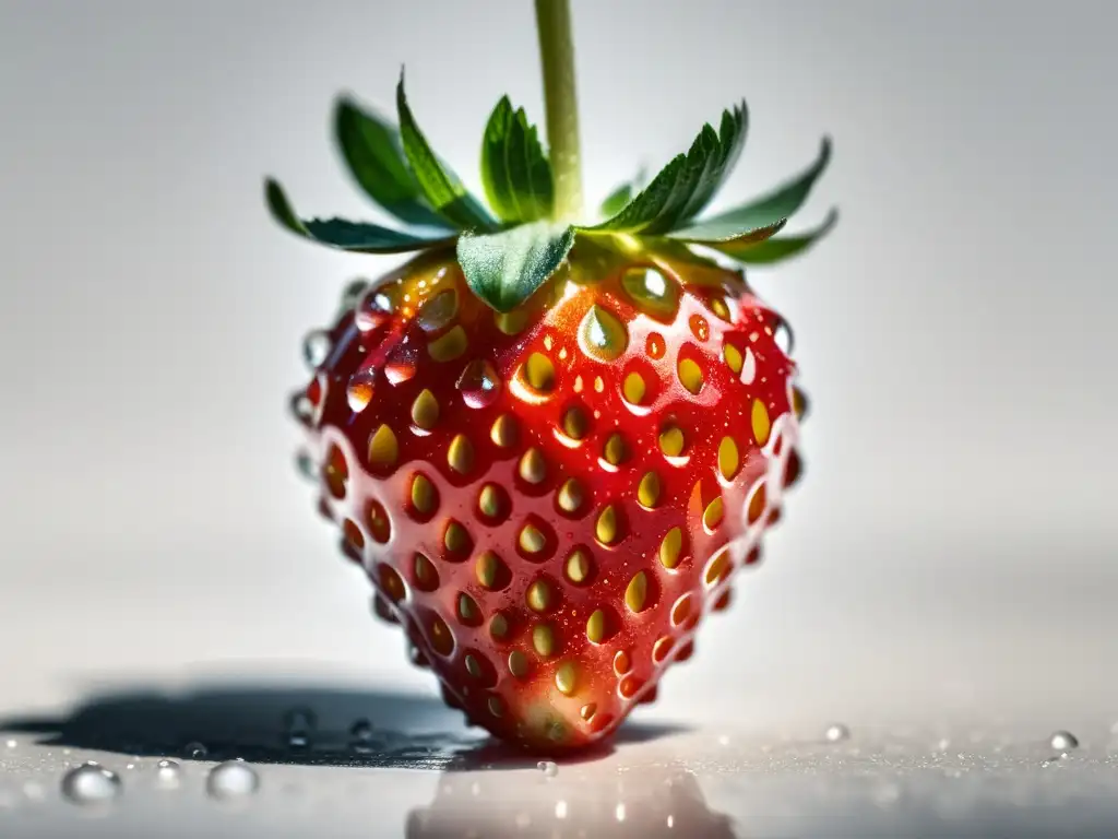 Una exquisita fresa orgánica con gotas de agua, detalle y belleza natural