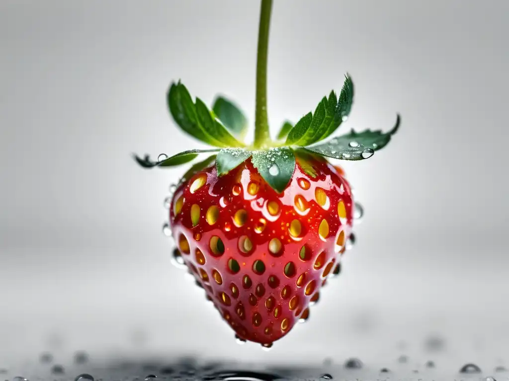 Una exquisita fresa orgánica con gotas de agua, reflejando luz