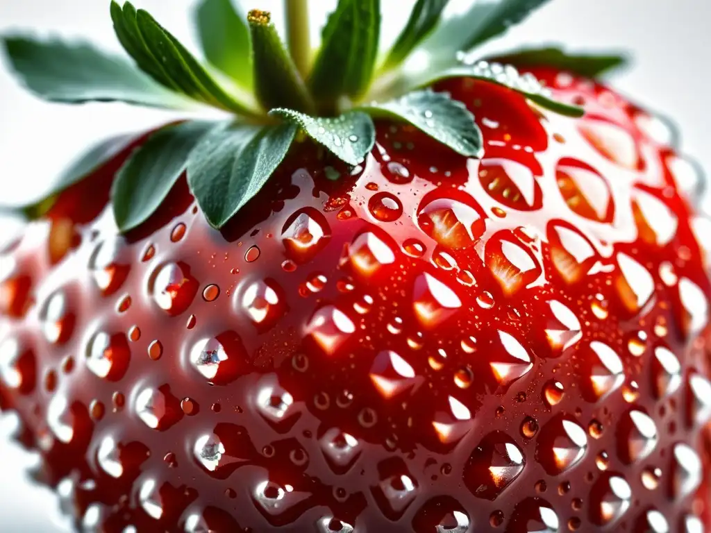 Una exquisita fresa orgánica madura y reluciente con gotas de agua, mostrando su textura y detalles naturales