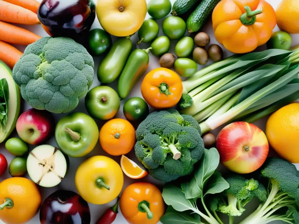 Una exquisita y fresca variedad de frutas y verduras orgánicas, con colores vibrantes y texturas naturales