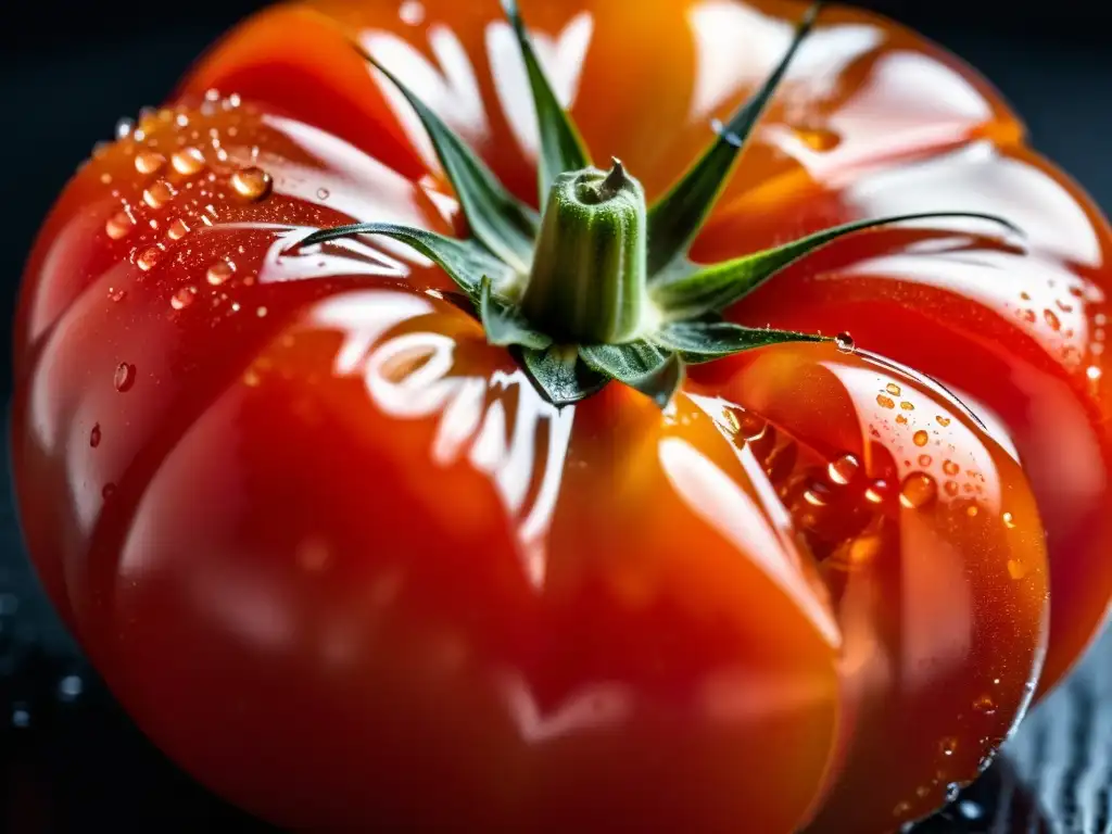 Una exquisita imagen detallada de un tomate orgánico perfectamente simétrico, brillante y maduro, resaltando su pureza alimentaria