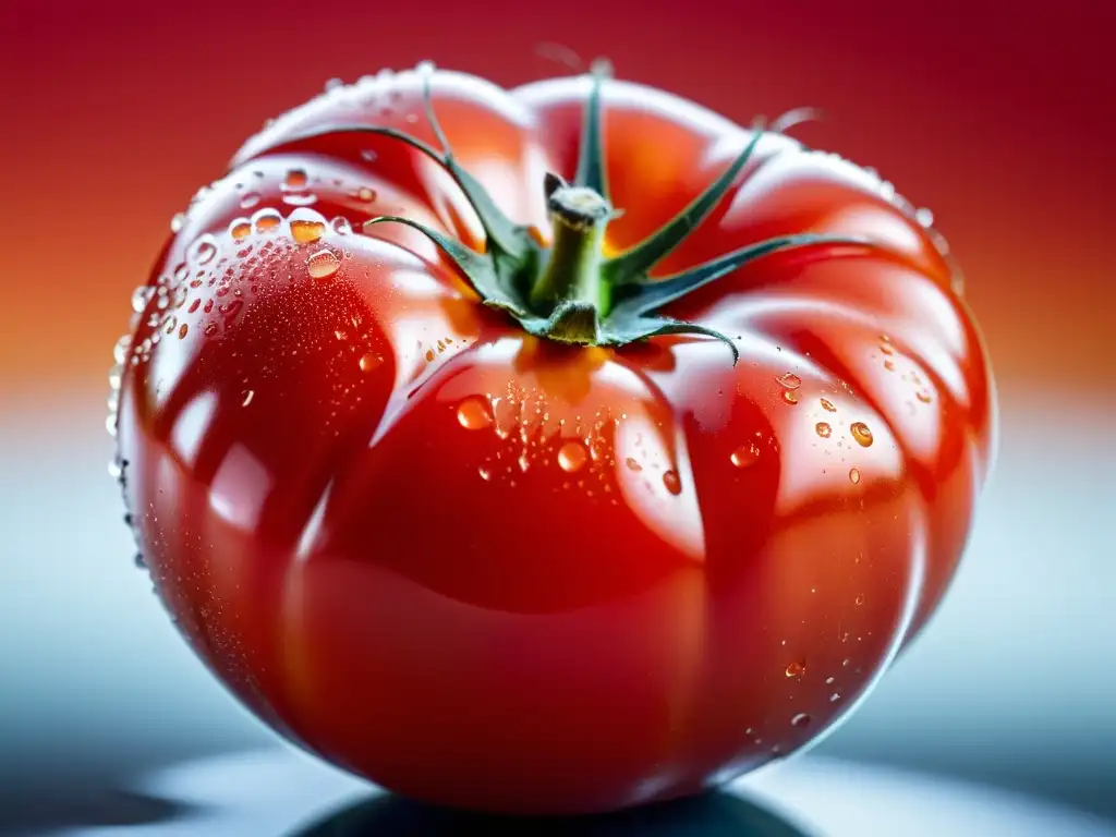 Una exquisita y madura tomate orgánico suspendido en el aire, con gotas de agua brillando en su piel suave