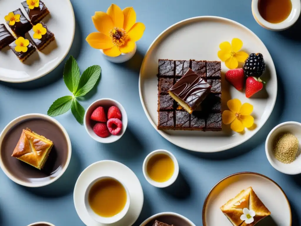 Exquisita mesa de postres orgánicos naturales: brownies, tiramisú y baklava, adornados con frutas frescas y miel cruda, iluminados por luz natural