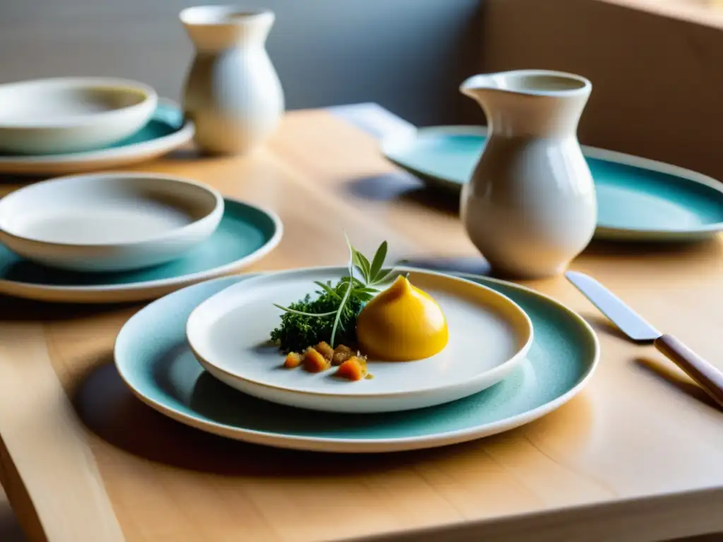 Exquisita mesa en restaurante orgánico con platos de cerámica y alimentos frescos