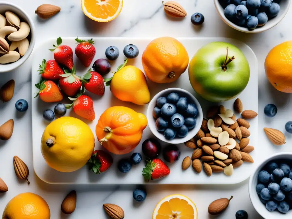 Una exquisita mezcla de frutas orgánicas y frutos secos en armonía sobre tabla de mármol blanco