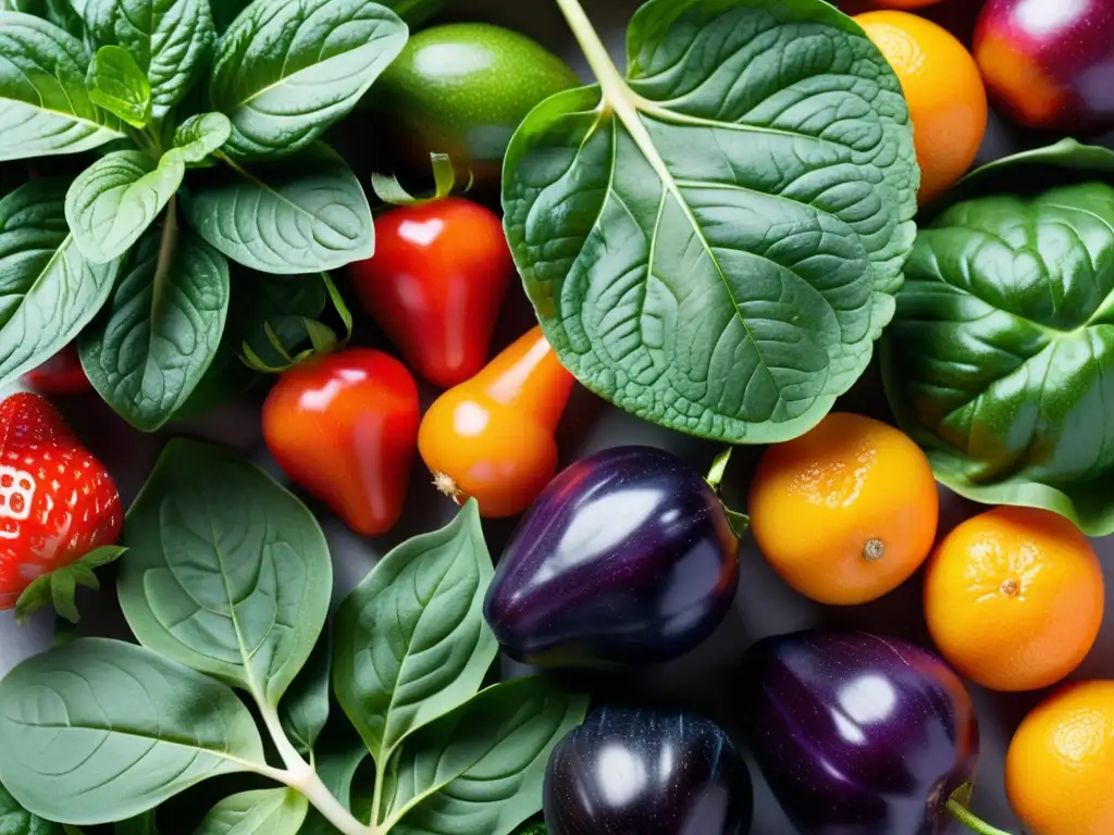 Una exquisita mezcla de frutas y verduras orgánicas frescas, resaltando la textura natural de fresas, espinacas, zanahorias y berenjenas