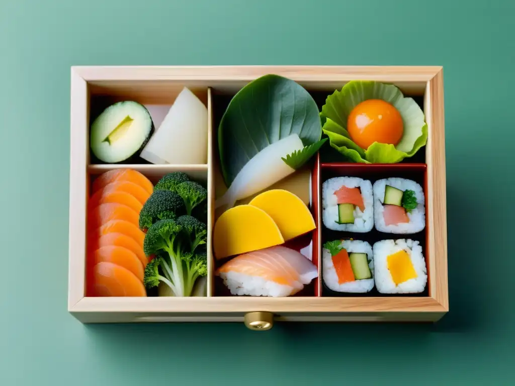 Una exquisita y minimalista caja bento japonesa con ingredientes orgánicos frescos, sushi y sashimi, presentados con elegancia y precisión