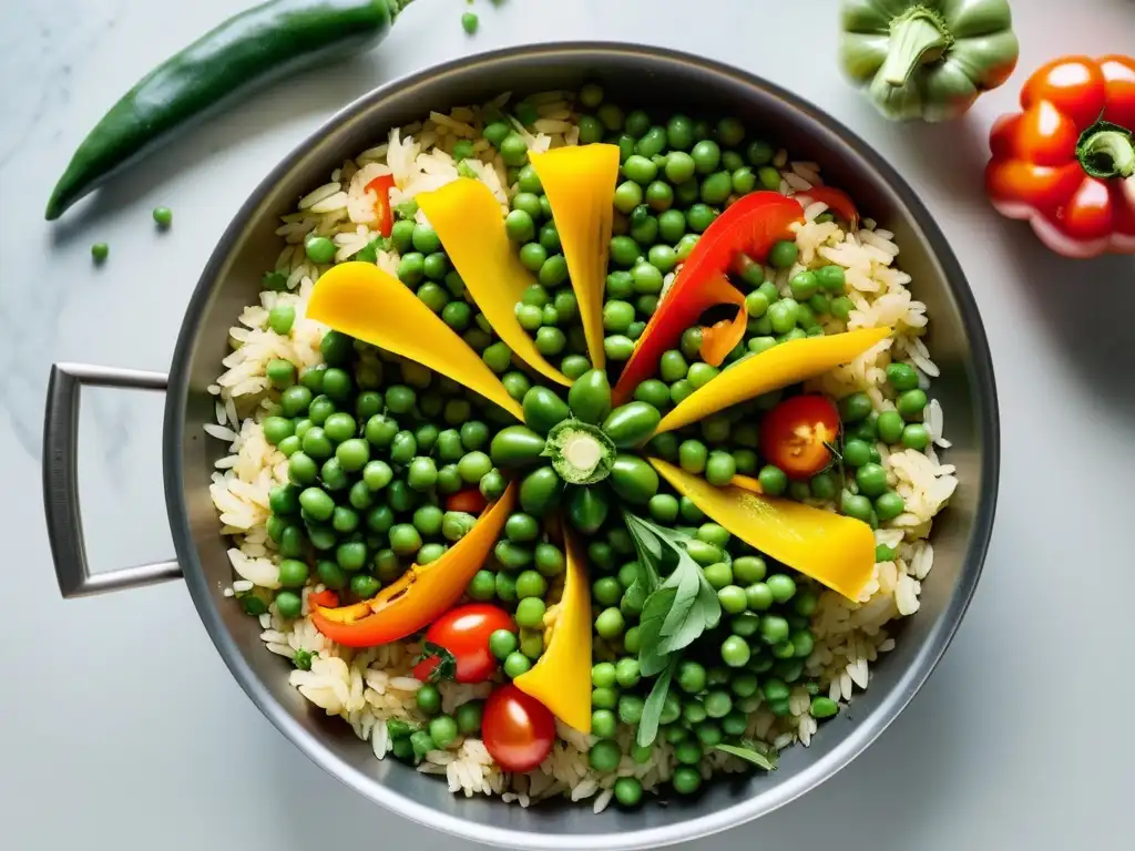 Deliciosa paella vegana con vegetales frescos en cocina moderna Una exquisita paella de verduras orgánicas en una cocina moderna con luz natural