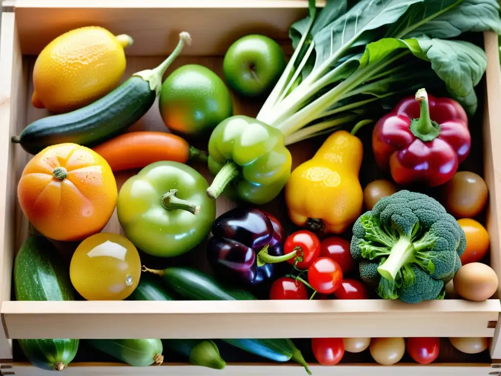 Una exquisita pila de frutas y verduras orgánicas en un cajón de madera, desafíos transporte alimentos orgánicos