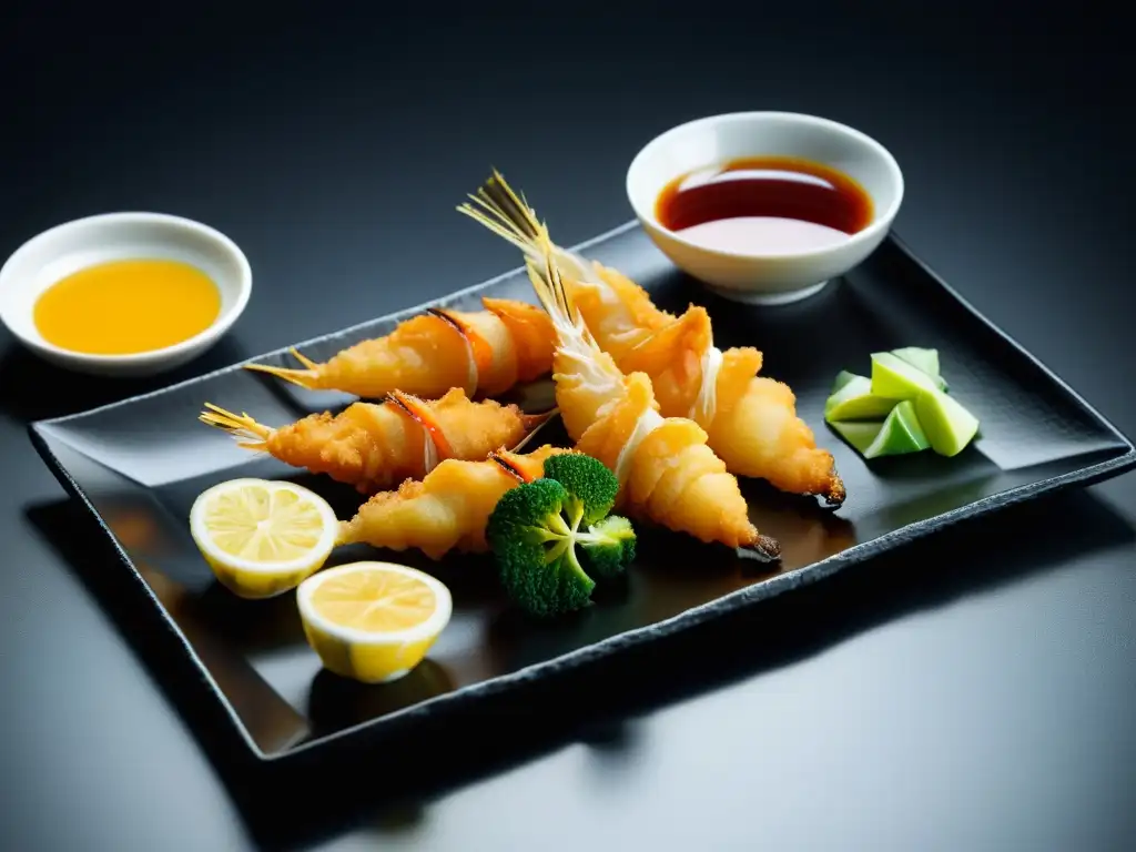 Exquisita preparación de tempura orgánica japonesa en elegante plato negro