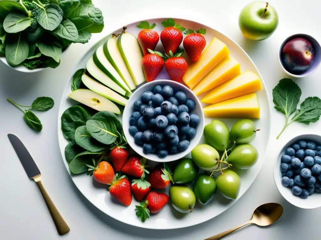 Una exquisita presentación de frutas y verduras orgánicas en un plato blanco