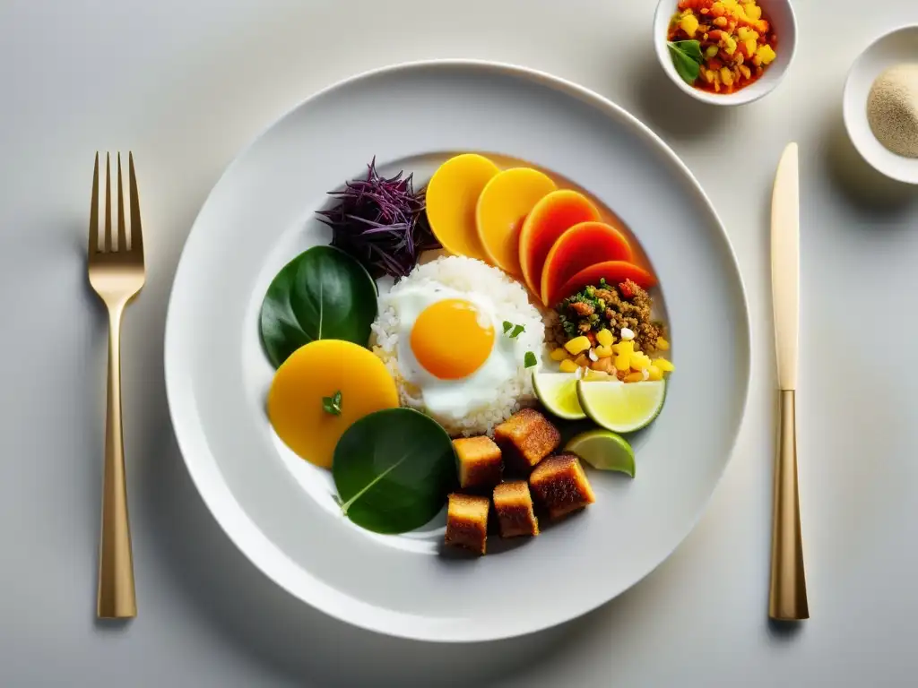 Una exquisita presentación de platos étnicos en un elegante plato blanco, resaltando la diversidad de sabores y colores