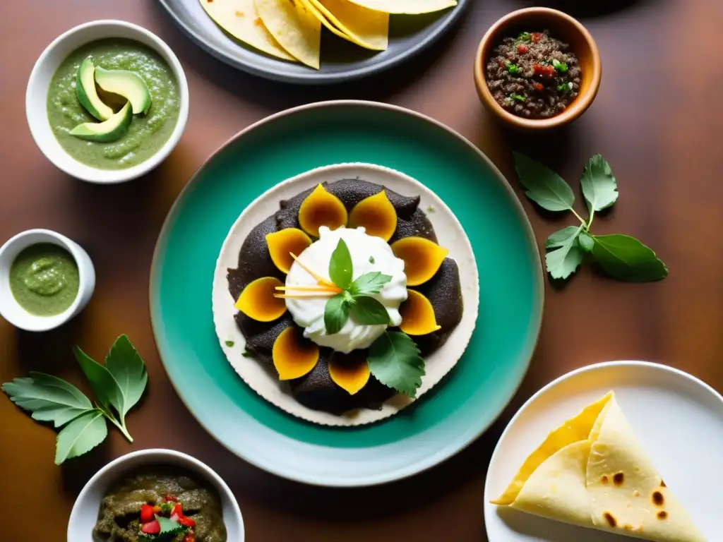 Una exquisita presentación de recetas caseras orgánicas modernas de la cocina mexicana, con platos coloridos y elaborados, bañados en luz natural