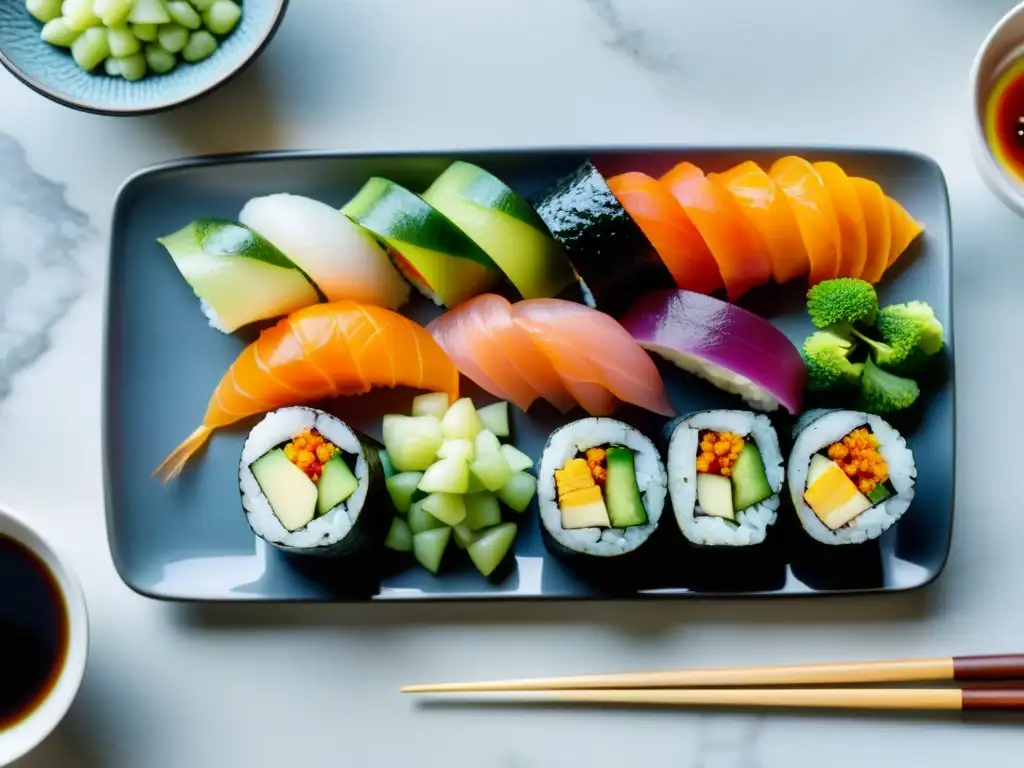 Una exquisita presentación de sushi casero orgánico, con rolls coloridos, wasabi fresco y jengibre encurtido