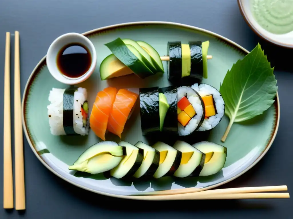 Una exquisita presentación de sushi con ingredientes orgánicos, mostrando la precisión y arte en la preparación