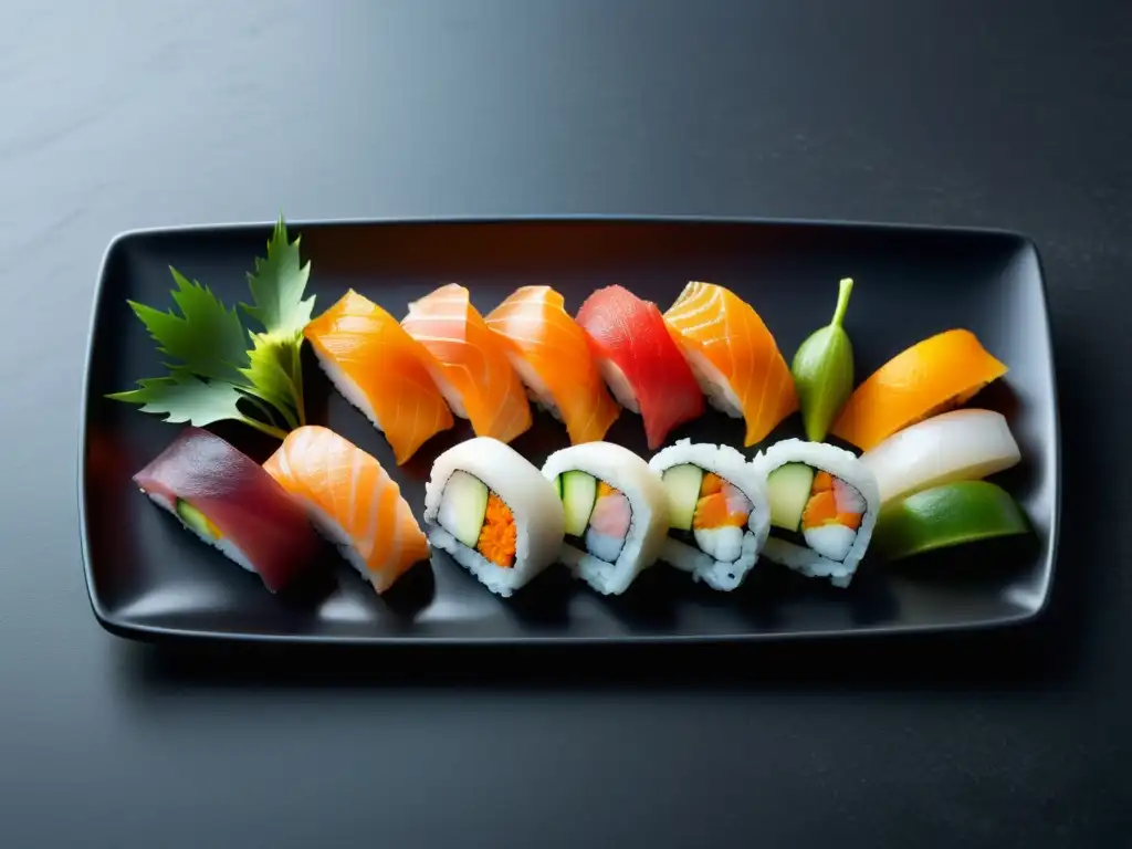 Una exquisita presentación de sushi con productos orgánicos que destila elegancia y precisión en su elaboración