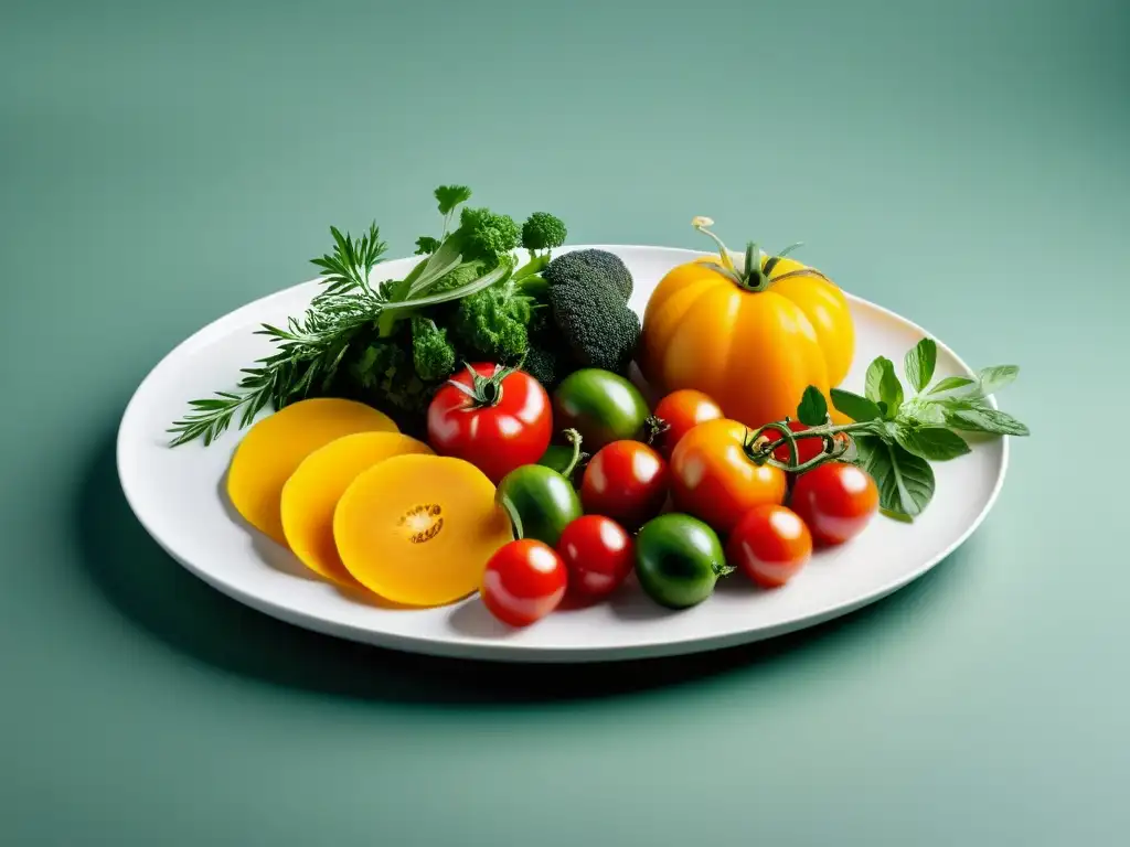 Una exquisita presentación de verduras, frutas y hierbas orgánicas en un elegante plato blanco