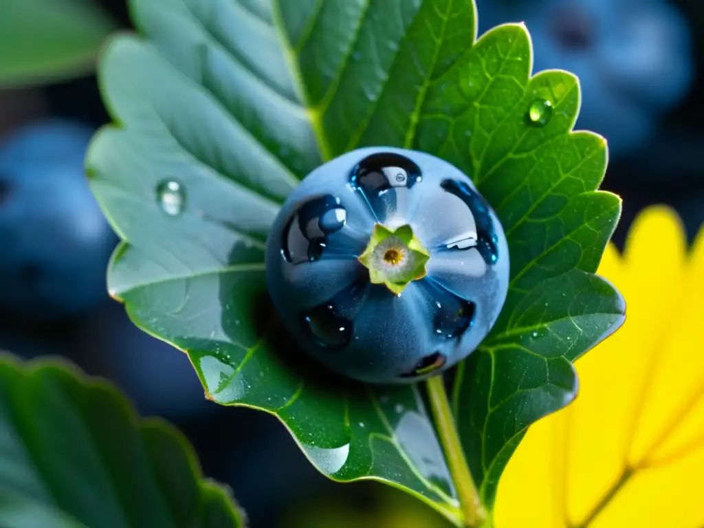 Una exquisita fotografía en primer plano de un solo arándano orgánico, brillante con gotas de agua, sobre hojas verdes exuberantes