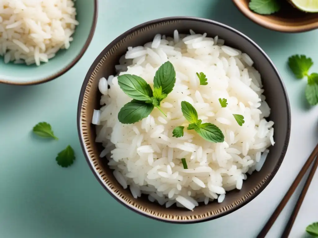 Una exquisita receta de arroz con coco orgánico, con granos de arroz perfectamente cocidos, brillantes con leche de coco y decorado con coco rallado y menta fresca