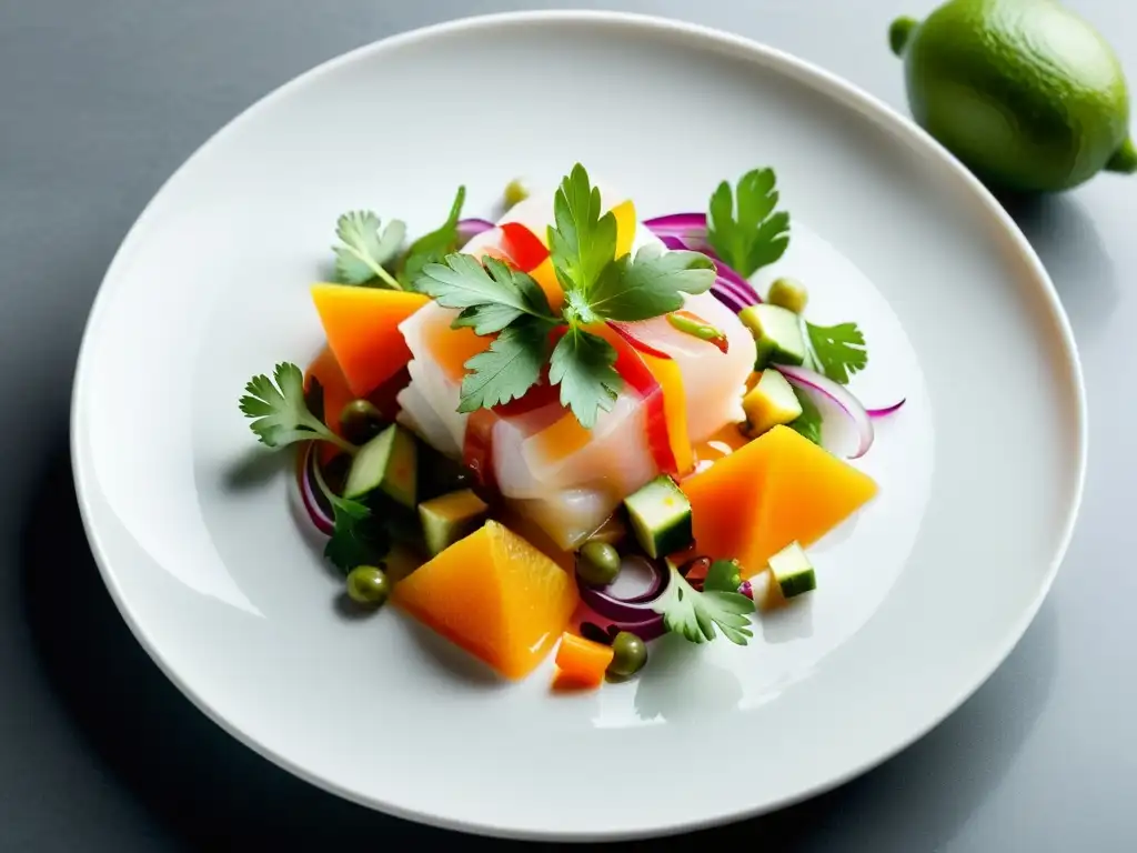 Exquisita receta ceviche con pescados orgánicos sostenibles, presentada en plato blanco sobre fondo limpio, resaltando frescura y sencillez