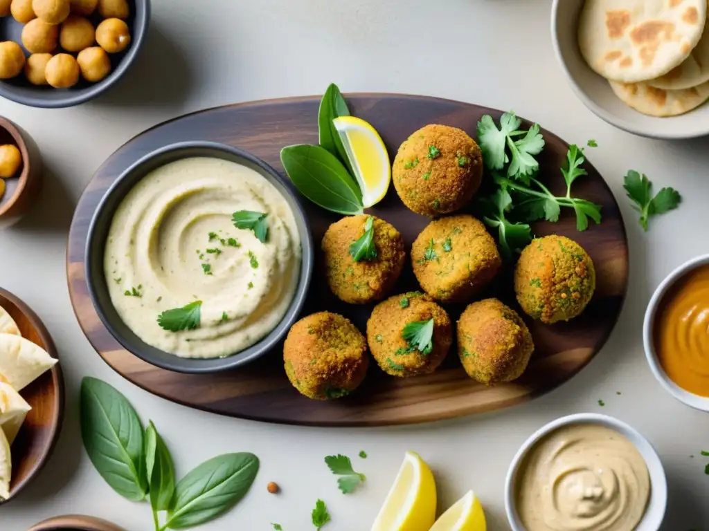 Una exquisita receta orgánica de hummus y falafel, con ingredientes frescos y vibrantes en una tabla de cortar de madera