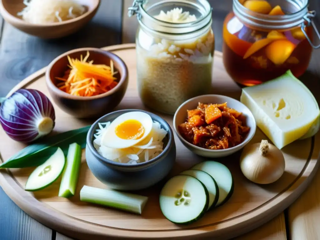 Una exquisita selección de alimentos fermentados orgánicos, como kimchi, chucrut, kéfir y kombucha, dispuestos en una tabla de madera rústica