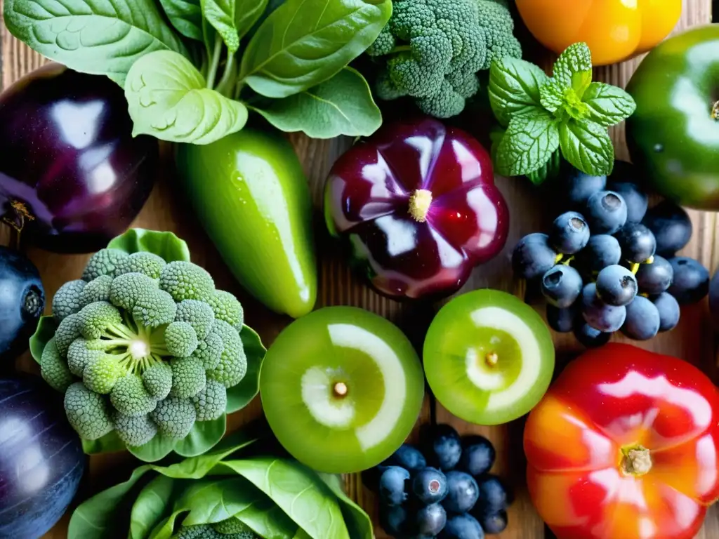 Una exquisita selección de alimentos orgánicos en la dieta, con frutas y verduras frescas y vibrantes sobre una mesa rústica de madera