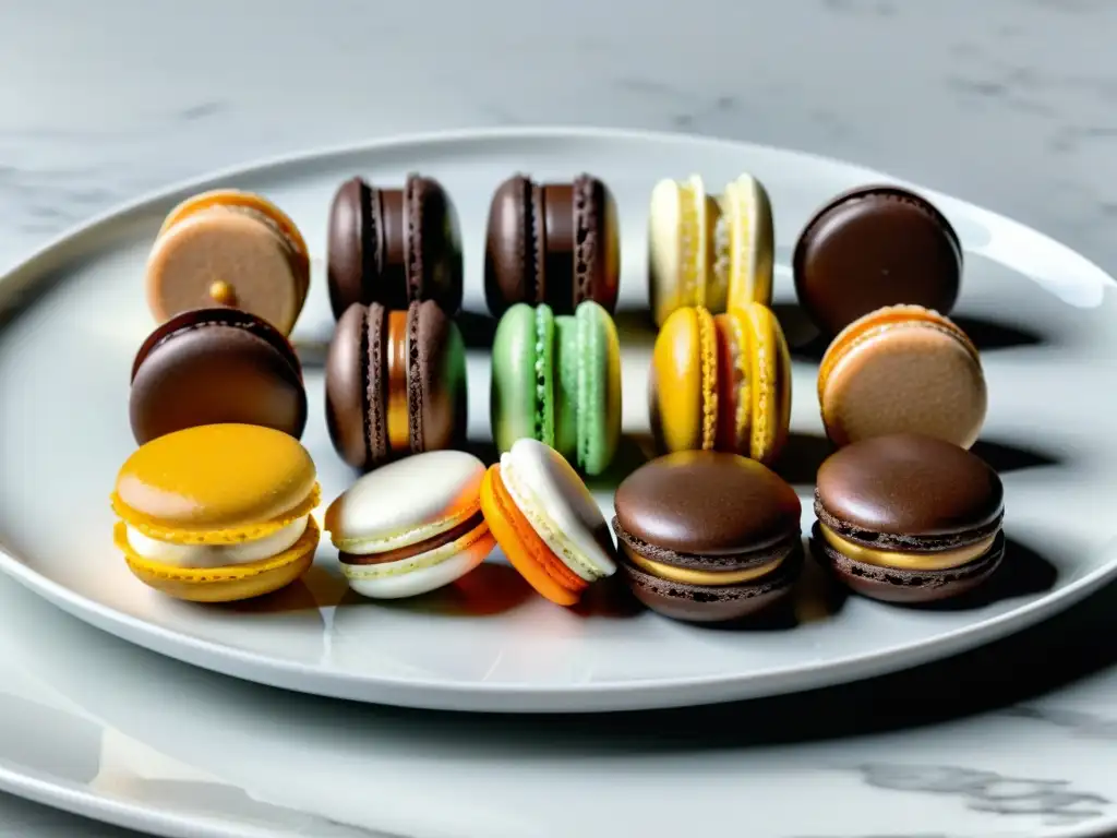 Una exquisita selección de dulces orgánicos del mundo, con chocolates, macarons y mochis delicadamente decorados en una elegante bandeja blanca