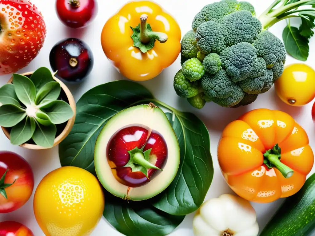 Una exquisita selección de frutas y verduras orgánicas recién cosechadas, deslumbrando con colores y texturas naturales