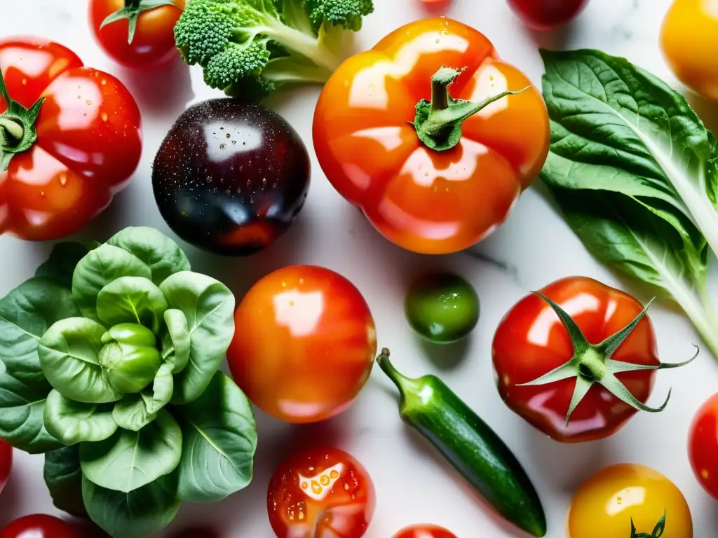 Una exquisita selección de frutas y verduras orgánicas, frescas y vibrantes, sobre una encimera de mármol blanco