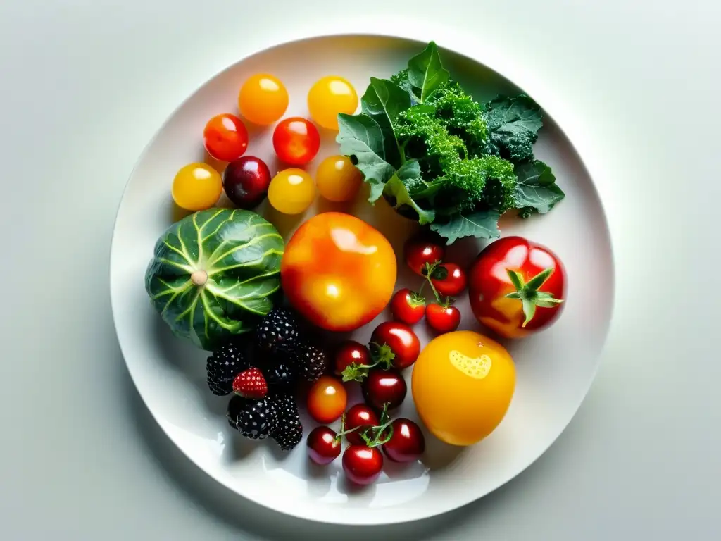 Una exquisita selección de frutas y verduras orgánicas, vibrantes y frescas, en un plato blanco