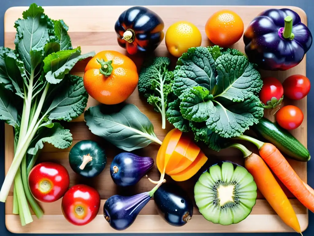 Una exquisita selección de frutas y verduras orgánicas frescas en tabla de madera