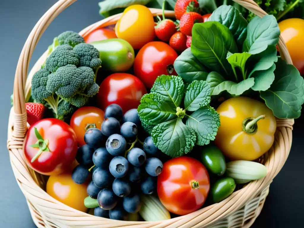 Una exquisita selección de frutas y verduras orgánicas en una cesta de mimbre, irradiando frescura y salud