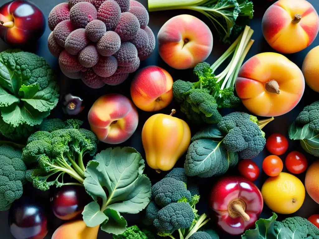 Una exquisita selección de frutas y verduras orgánicas, resplandeciendo en la luz natural