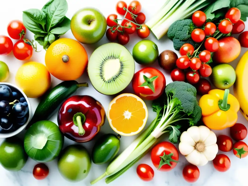 Una exquisita selección de frutas y verduras orgánicas en un tablero de mármol blanco