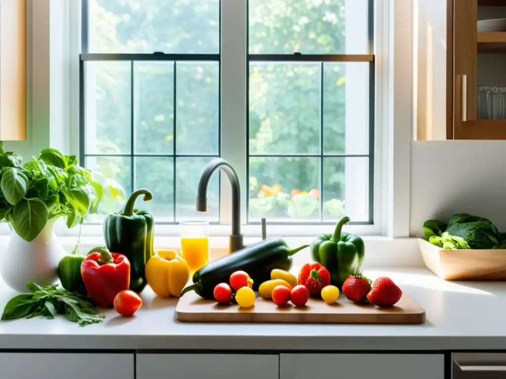 Una exquisita selección de frutas y verduras orgánicas, brillantes y frescas en una cocina minimalista