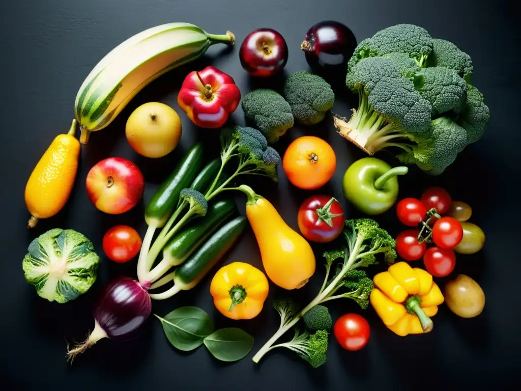 Una exquisita selección de frutas y verduras orgánicas, deslumbrando en contraste sobre un elegante fondo negro mate