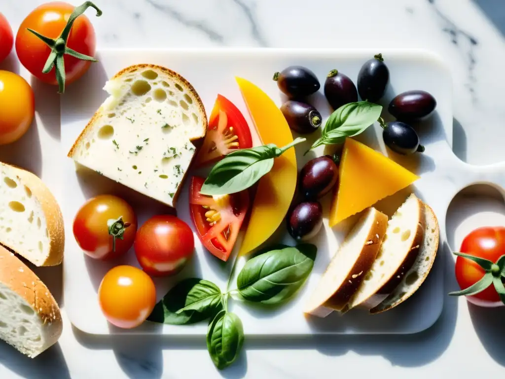 Una exquisita selección de ingredientes orgánicos en tapas mediterráneas sobre una tabla de mármol blanco