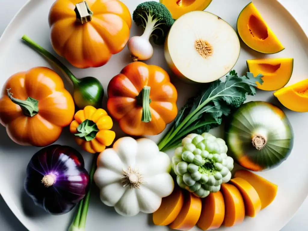 Una exquisita selección de ingredientes orgánicos para recetas de otoño, en una hermosa presentación sobre un plato blanco