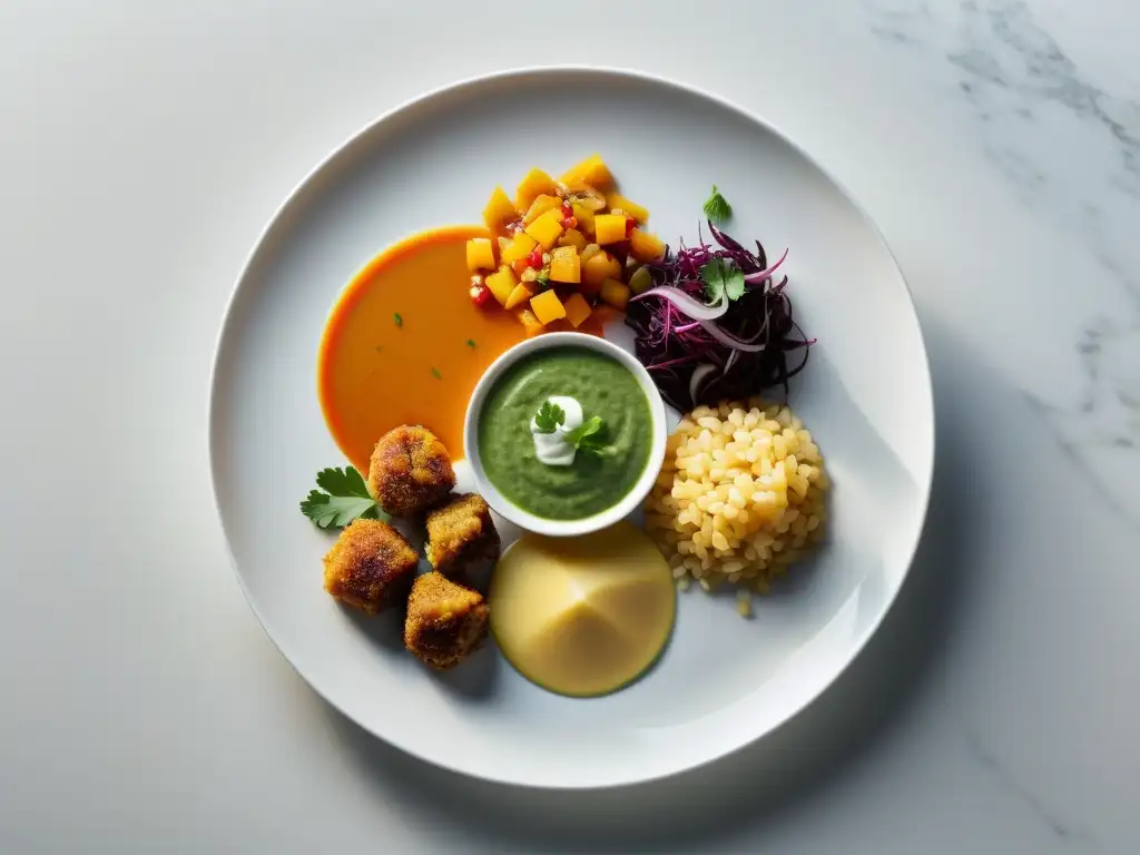 Una exquisita selección de platos étnicos vibrantes y coloridos en un elegante plato blanco