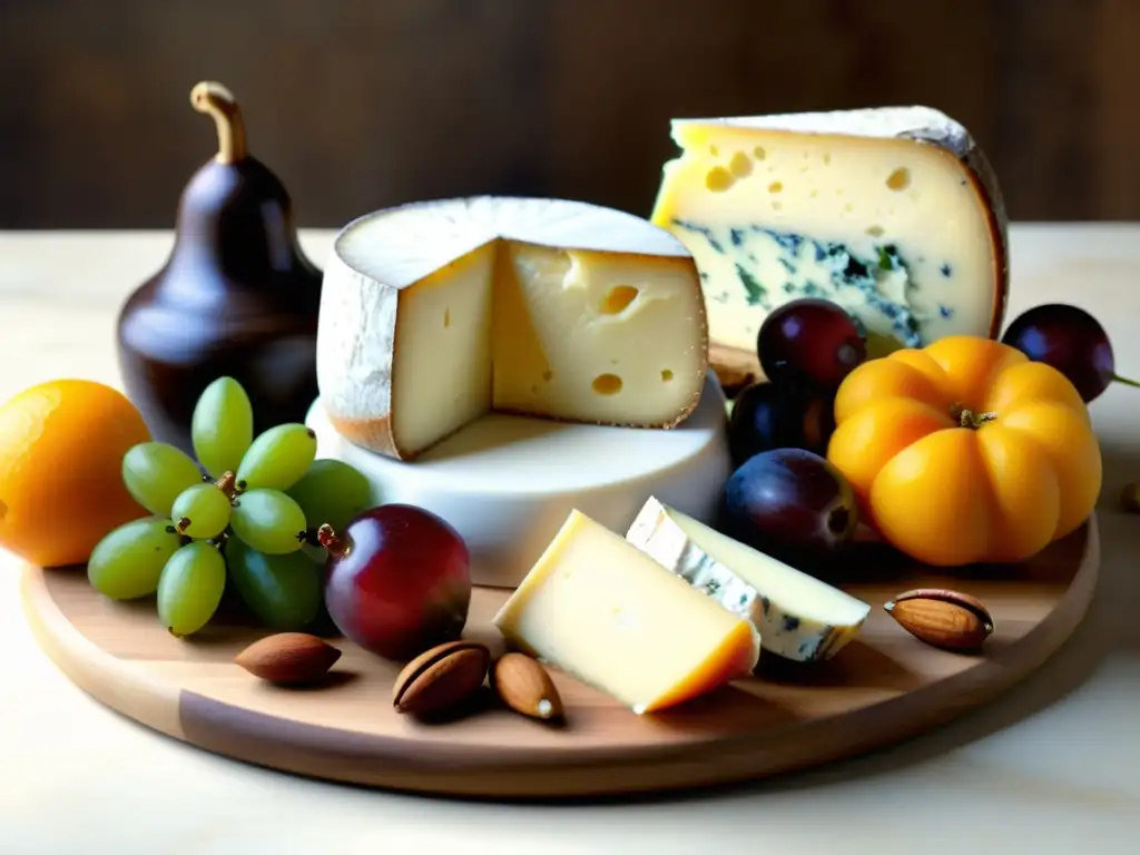 Exquisita selección de quesos orgánicos internacionales Una exquisita selección de quesos orgánicos internacionales, presentados con frutas, nueces y pan artesanal en una atmósfera rústica y elegante