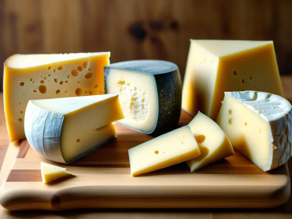 Tablero de madera con variedad de quesos orgánicos Una exquisita selección de quesos orgánicos en una tabla de cocina, deslumbrando con su diversidad y sofisticación culinaria