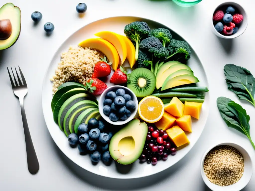 Una exquisita selección de superalimentos orgánicos en un plato blanco, rodeada de frutas y verduras vibrantes