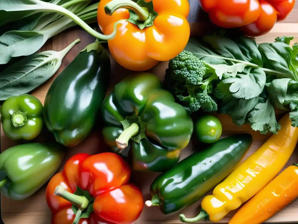 Una exquisita selección de verduras orgánicas frescas sobre tabla de corte rústica, listas para una dieta para diabéticos con alimentos orgánicos