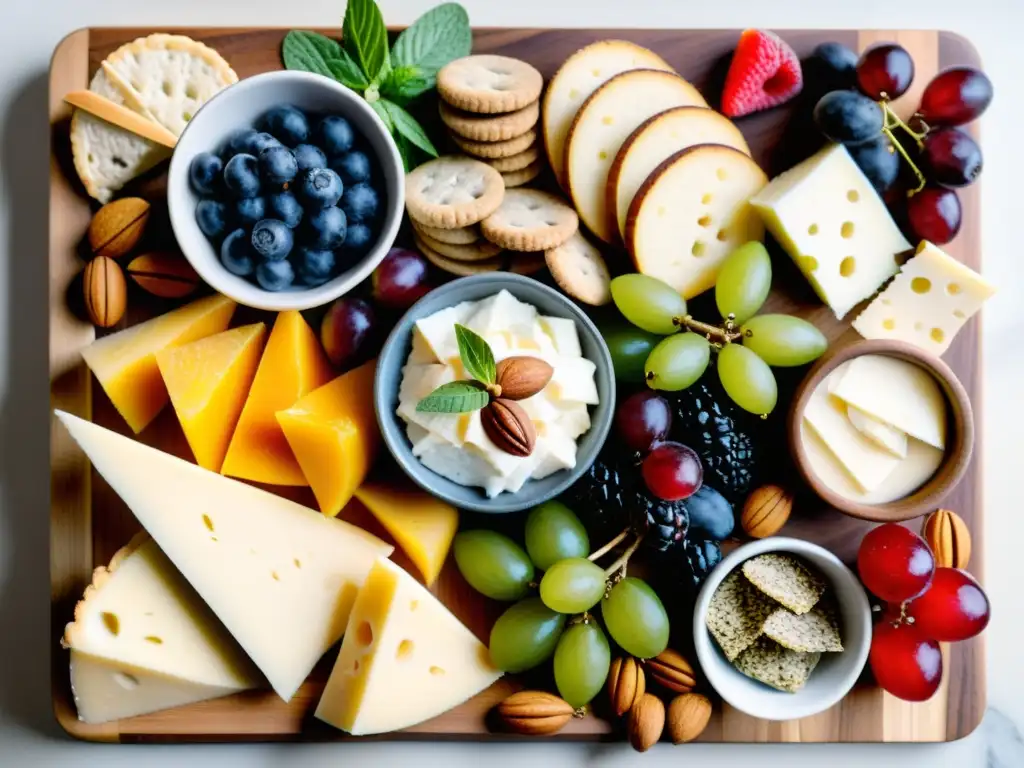 Una exquisita tabla de aperitivos orgánicos para reunión, con frutas, nueces, quesos y crackers artesanales, en armonía de colores y texturas