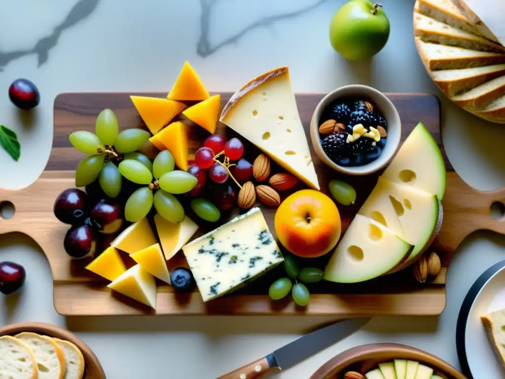 Una exquisita tabla de embutidos con frutas orgánicas, quesos y pan artesanal, ideal para eventos especiales