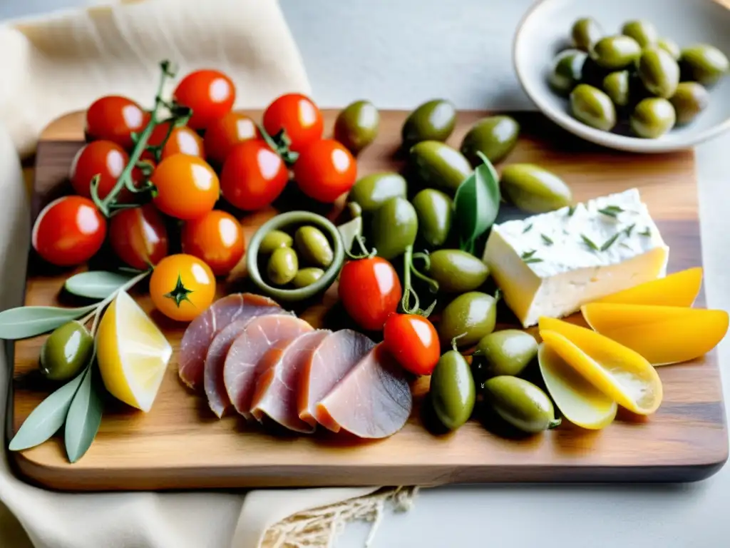 Una exquisita tabla de embutidos con ingredientes orgánicos en tapas mediterráneas, bañados por la cálida luz del sol