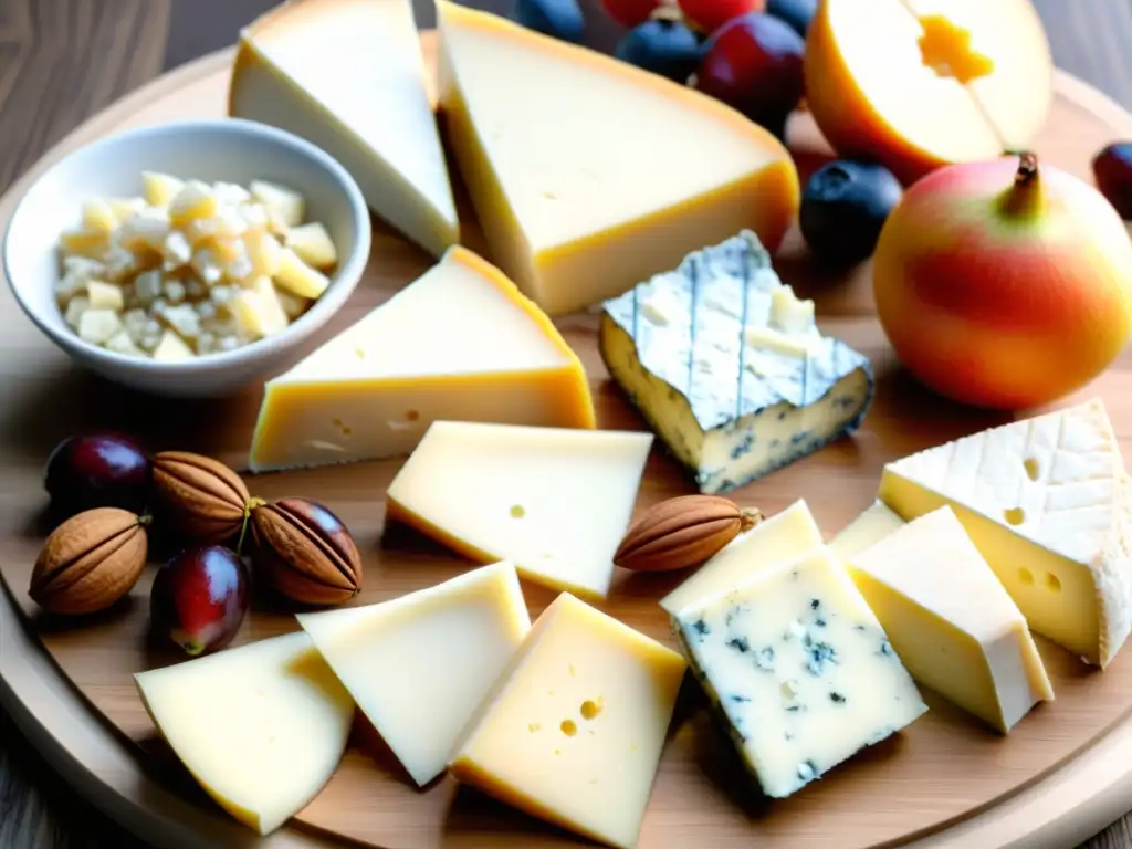 Delicias internacionales: Tabla de quesos artesanales y frutas frescas Una exquisita tabla de quesos orgánicos de todo el mundo, con frutas frescas, nueces y galletas artesanales, en una elegante tabla de madera
