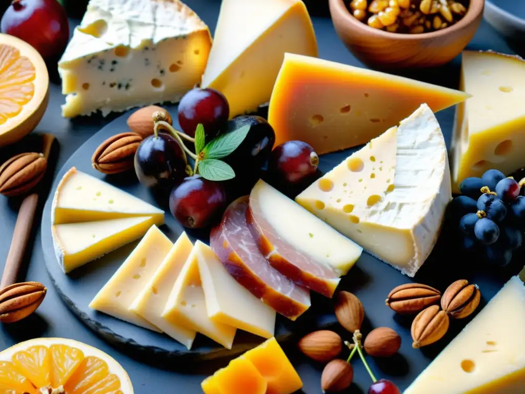 Exquisita tabla de quesos orgánicos: colores y texturas Una exquisita tabla de quesos orgánicos internacionales con frutas, frutos secos y miel