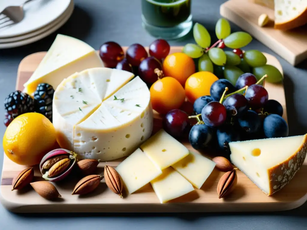 Una exquisita tabla de quesos orgánicos de gastronomía mundial, con frutas frescas, nueces y pan artesanal, en una presentación elegante y sofisticada